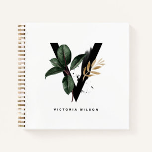 Cuaderno Letra boho acuarela de hojas tropicales V monogram