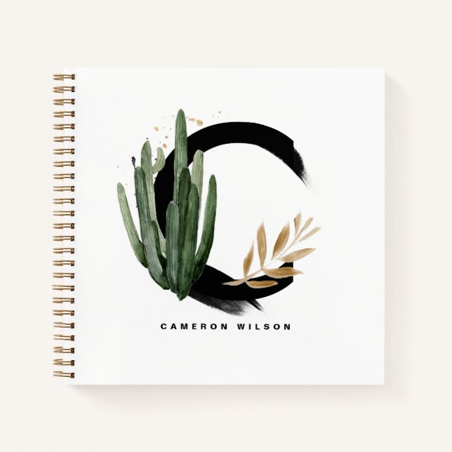 Cuaderno Letra Boho C Monograma Acuarela Cactus Tropical (Anverso)