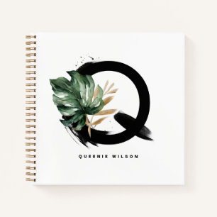Cuaderno Letra boho Q Monograma hoja Monstera Tropical