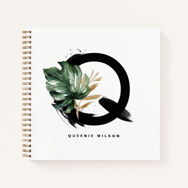 Cuaderno Letra boho Q Monograma hoja Monstera Tropical (Anverso)