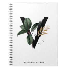 Cuaderno Letra boho V Monograma Watercolor Hojas tropicales