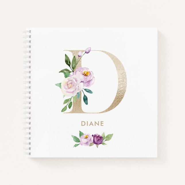 Cuaderno Letra bonito Relieve metalizado dorado floral viol (Anverso)