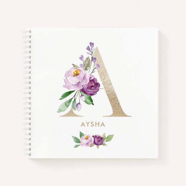 Cuaderno Letra bonito Relieve metalizado dorado floral viol (Anverso)
