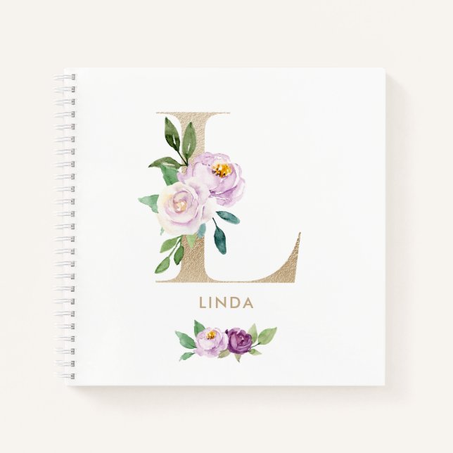 Cuaderno Letra bonito Relieve metalizado dorado floral viol (Anverso)