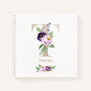 Cuaderno Letra bonito Relieve metalizado dorado floral viol