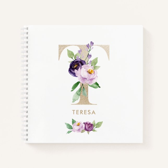 Cuaderno Letra bonito Relieve metalizado dorado floral viol (Anverso)