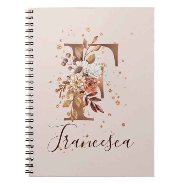 Cuaderno Letra cópica monograma floral F flor de otoño (Frente)