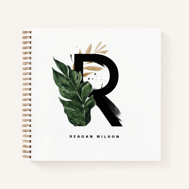 Cuaderno Letra de hojas tropicales R Monograma Personalizad (Anverso)
