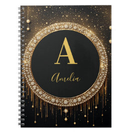 Cuaderno Letra de Monograma con Brillo Negro con Nombre Per