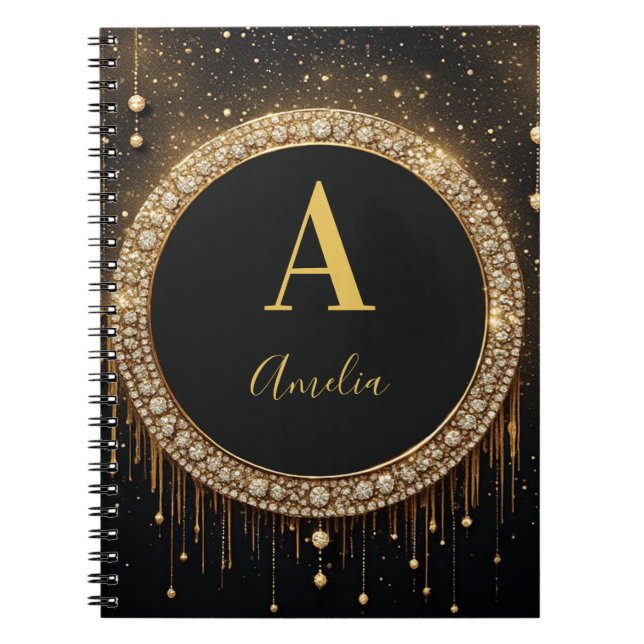 Cuaderno Letra de Monograma con Brillo Negro con Nombre Per (Frente)
