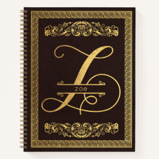 Cuaderno Letra dorada Z y nombre en monogramo de cuero marr
