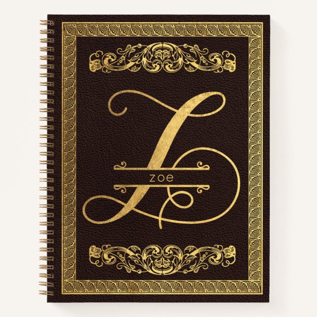 Cuaderno Letra dorada Z y nombre en monogramo de cuero marr (Anverso)