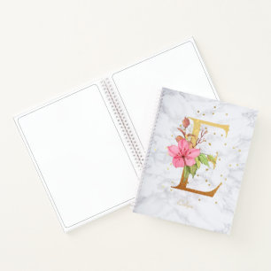 Cuaderno Letra E de monograma dorado acuarela mármol modern