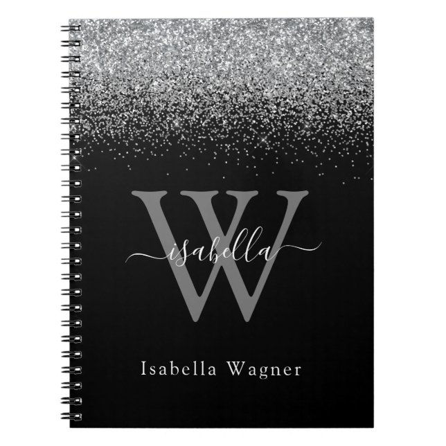 Cuaderno Letra elegante con brillo de plata monogramada (Frente)