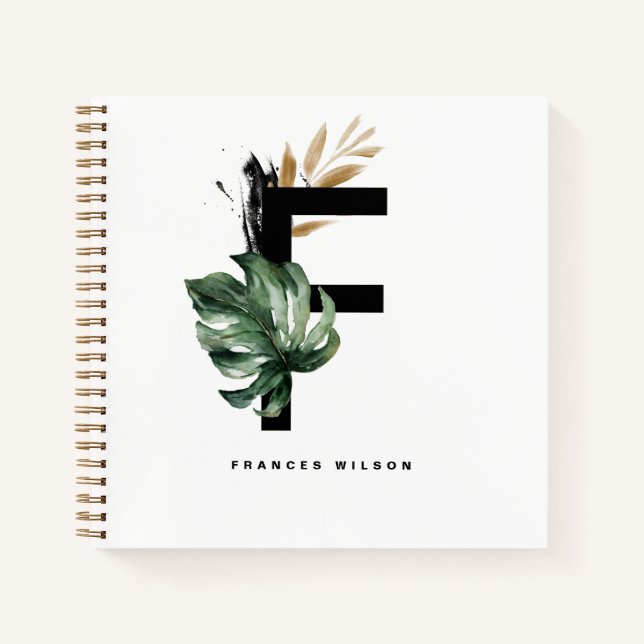 Cuaderno Letra F Monograma | Hojas tropicales personalizada (Anverso)