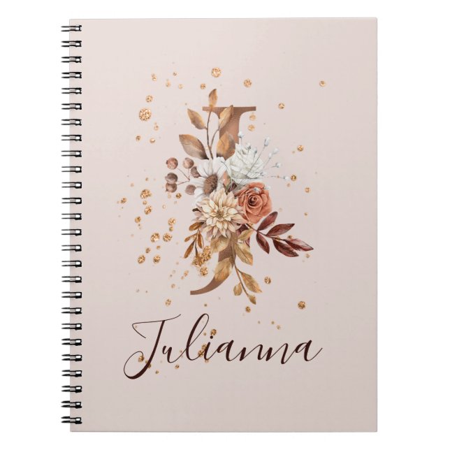 Cuaderno Letra floral de cobre otoño J Flores de otoño (Frente)