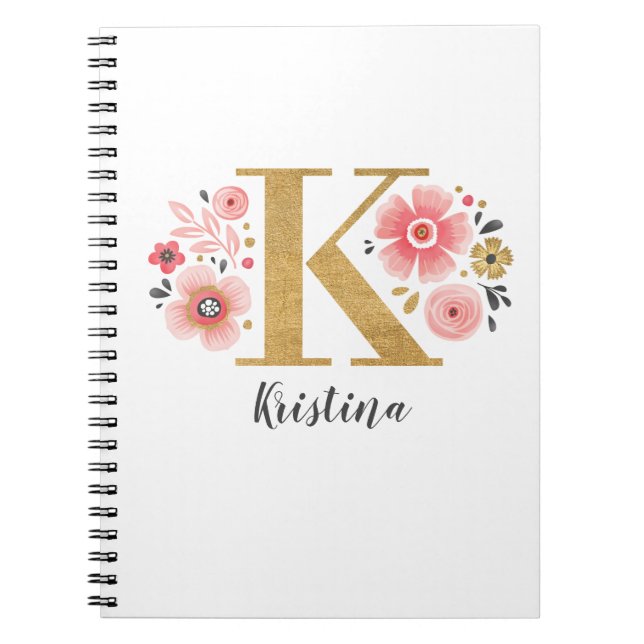 Cuaderno Letra floral monograma rosada K (Frente)
