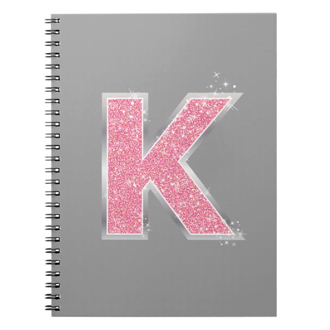Cuaderno Letra K de purpurina rosa (Frente)