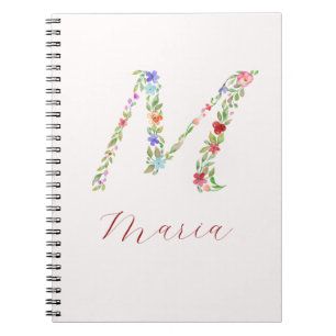 Cuaderno Letra M de monograma floral de acuarela personaliz