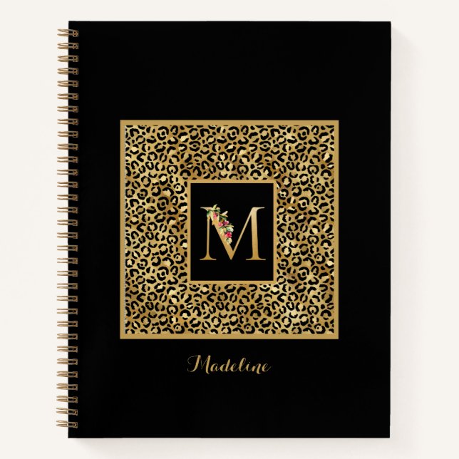 Cuaderno Letra M de monograma personalizado en oro de leopa (Anverso)