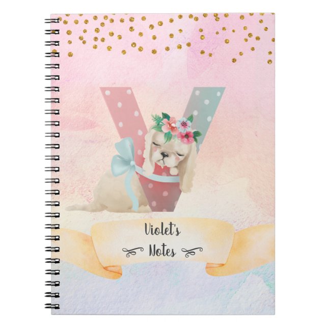 Cuaderno Letra monograma V Chica del colegio de niños Perro (Frente)