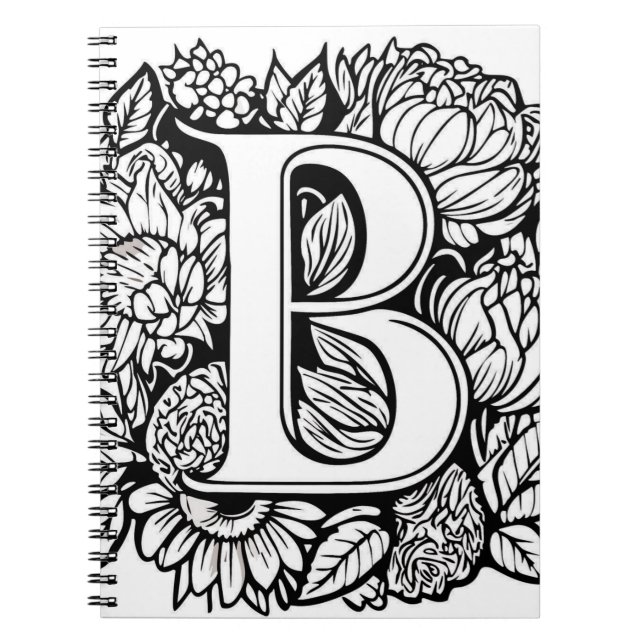 Cuaderno Letra personalizada B Flores de tatuaje blanco neg (Frente)