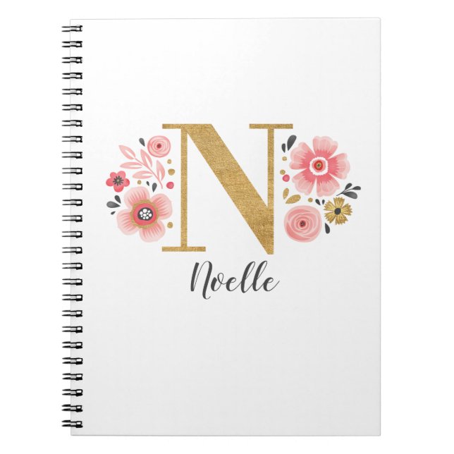 Cuaderno Letra rosa oro floral monograma N (Frente)