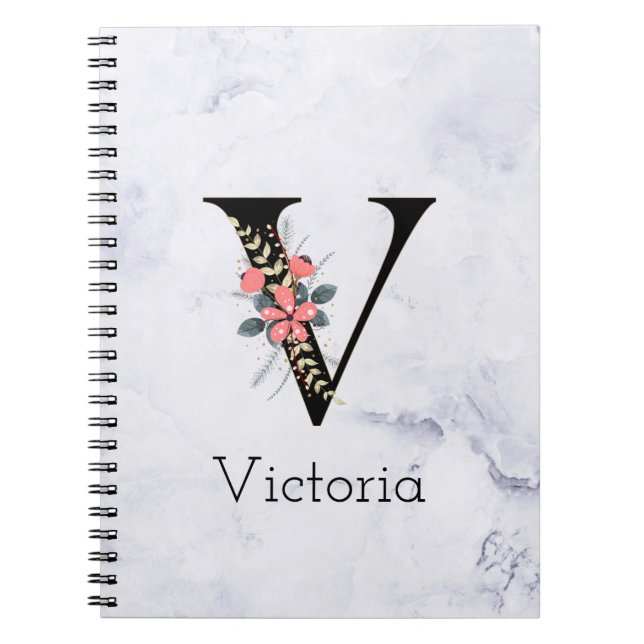 Cuaderno Letra "V" Boho Floral Monograma Mármol Blanco (Frente)