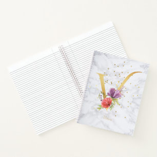 Cuaderno Letra V de monograma dorado acuarela mármol modern