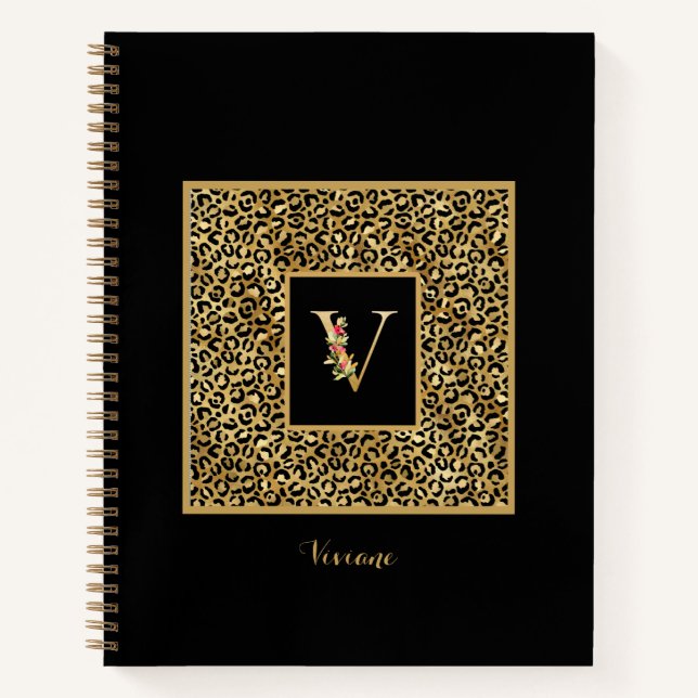 Cuaderno Letra V de monograma personalizado en oro de leopa (Anverso)