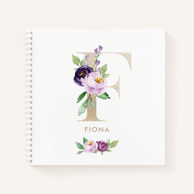 Cuaderno Letra violeta de Relieve metalizado dorado floral  (Anverso)