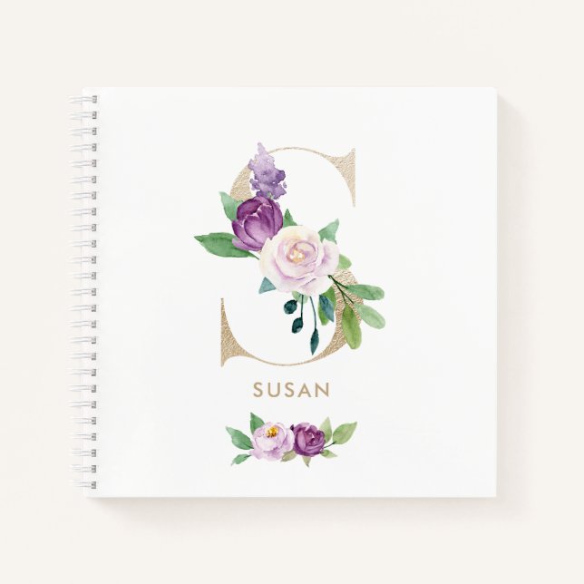 Cuaderno Letra violeta de Relieve metalizado dorado floral  (Anverso)