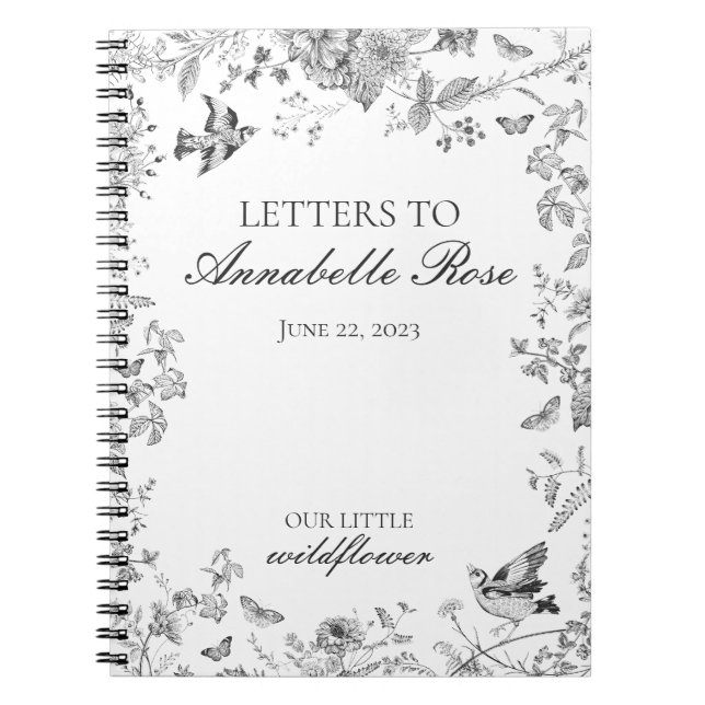 Cuaderno Letras florales de toile negro para cumpleaños (Frente)