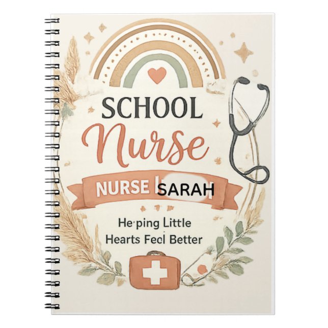 Cuaderno Letrero personalizado de enfermera escolar boho, E (Frente)