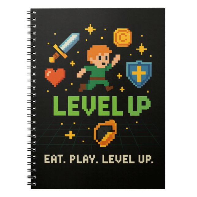 Cuaderno Level Up Gamer Notebook – Retro Pixel Gaming Style (Frente)