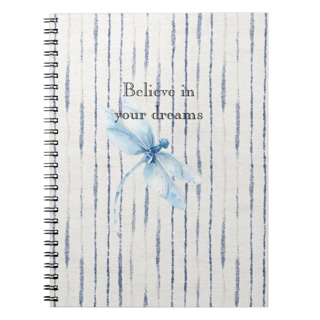 Cuaderno Libélula de rayas azules y blancas Cree (Frente)