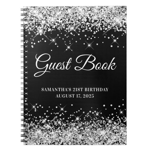 Cuaderno Libro de cumpleaños 21 de Silver Purpurina Black O (Frente)