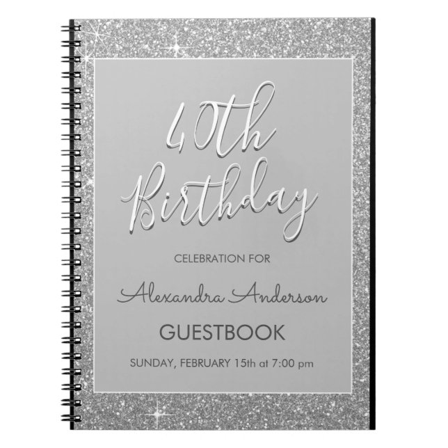 Cuaderno Libro de cumpleaños 40 de Silver Sparkle Purpurina (Frente)