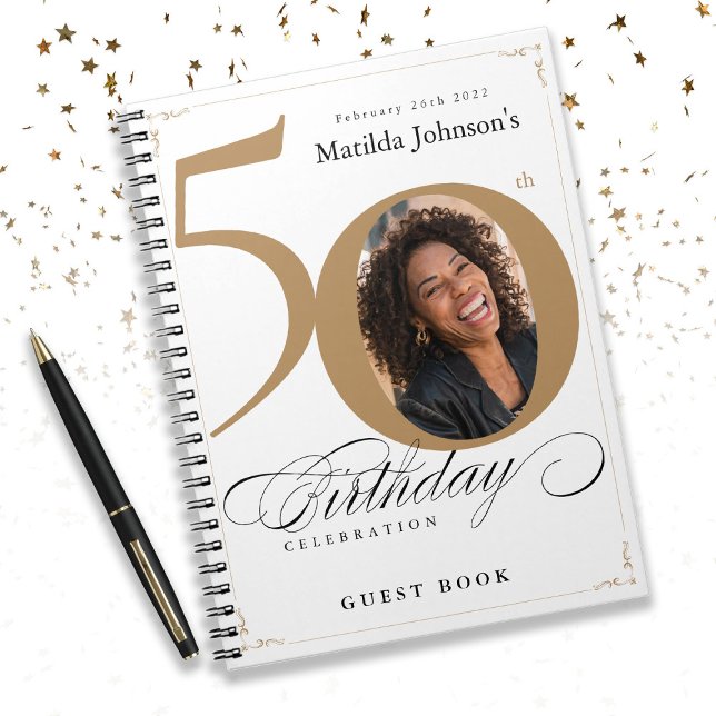 Cuaderno Libro de cumpleaños 50 elegante de White Gold Scri (50th Birthday White Gold Script Elegant Guestbook Notebook)