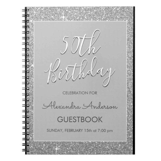 Cuaderno Libro de cumpleaños número 50 de Silver Sparkle Pu (Frente)