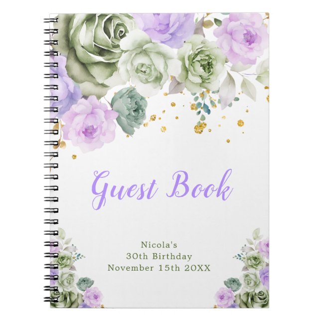 Cuaderno Libro de firmas de cumpleaños floral verde salvia  (Frente)