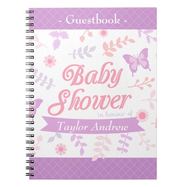 Cuaderno Libro de firmas para baby shower de mariposa flora (Frente)