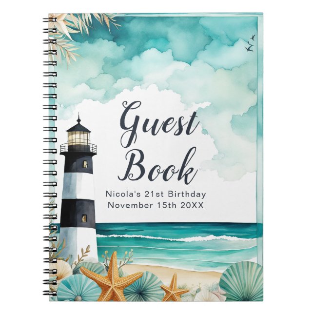 Cuaderno Libro de firmas para fiesta de cumpleaños con faro (Frente)