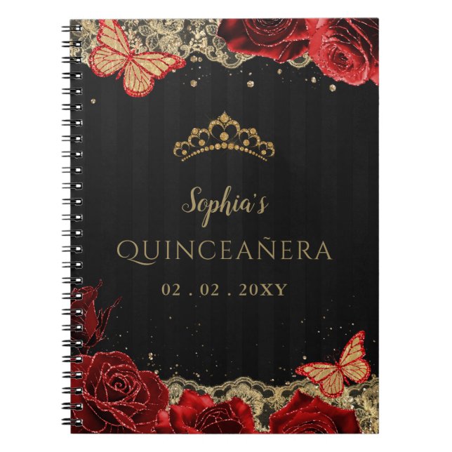 Cuaderno Libro de Guestbook de Red Roses Black Gold Lace Qu (Frente)