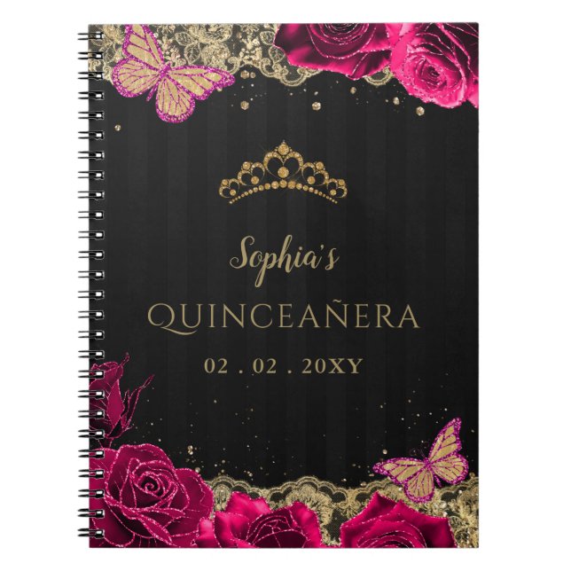 Cuaderno Libro de Guestbook "Pink Roses Black Gold Lace Qui (Frente)