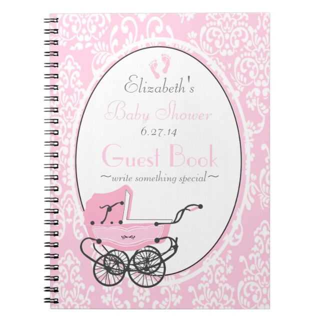 Cuaderno Libro de huésped rosado de Baby Shower del damasco (Frente)