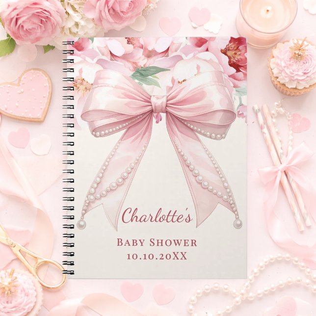 Cuaderno Libro de invitados Baby Shower lazos rosados flore (Subido por el creador)