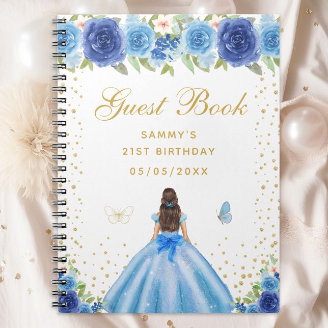 Cuaderno Libro de invitados Blue Floral Brunette Hair Princ (Subido por el creador)