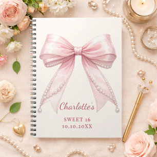 Cuaderno Libro de invitados Cumpleaños 16 lazo rosa perlas 