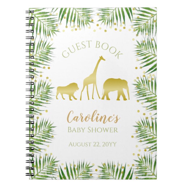 Cuaderno Libro de invitados de Baby Shower Gold Safari Anim (Frente)